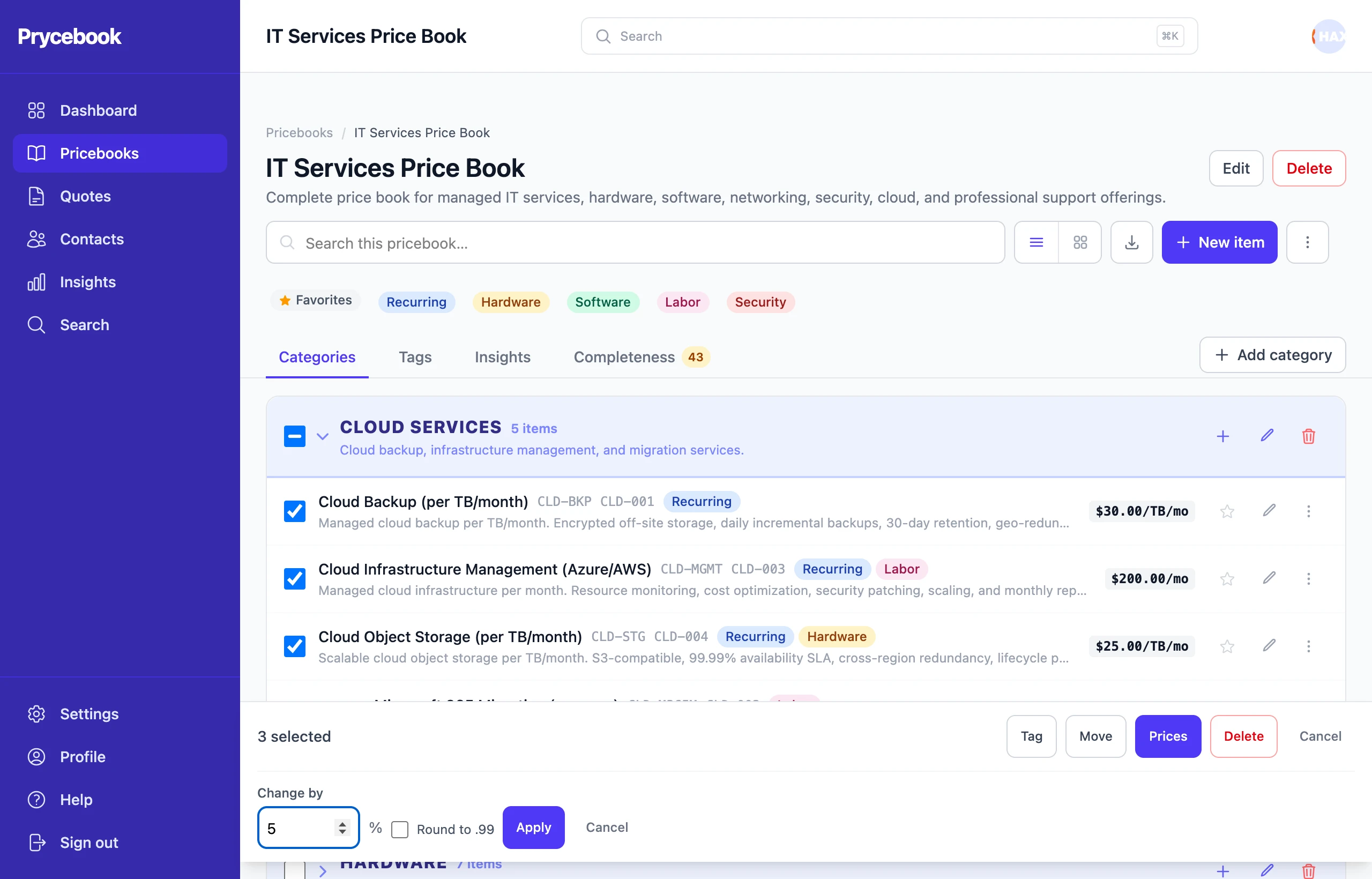 Three items selected, with the Prices panel set to change prices by 5%