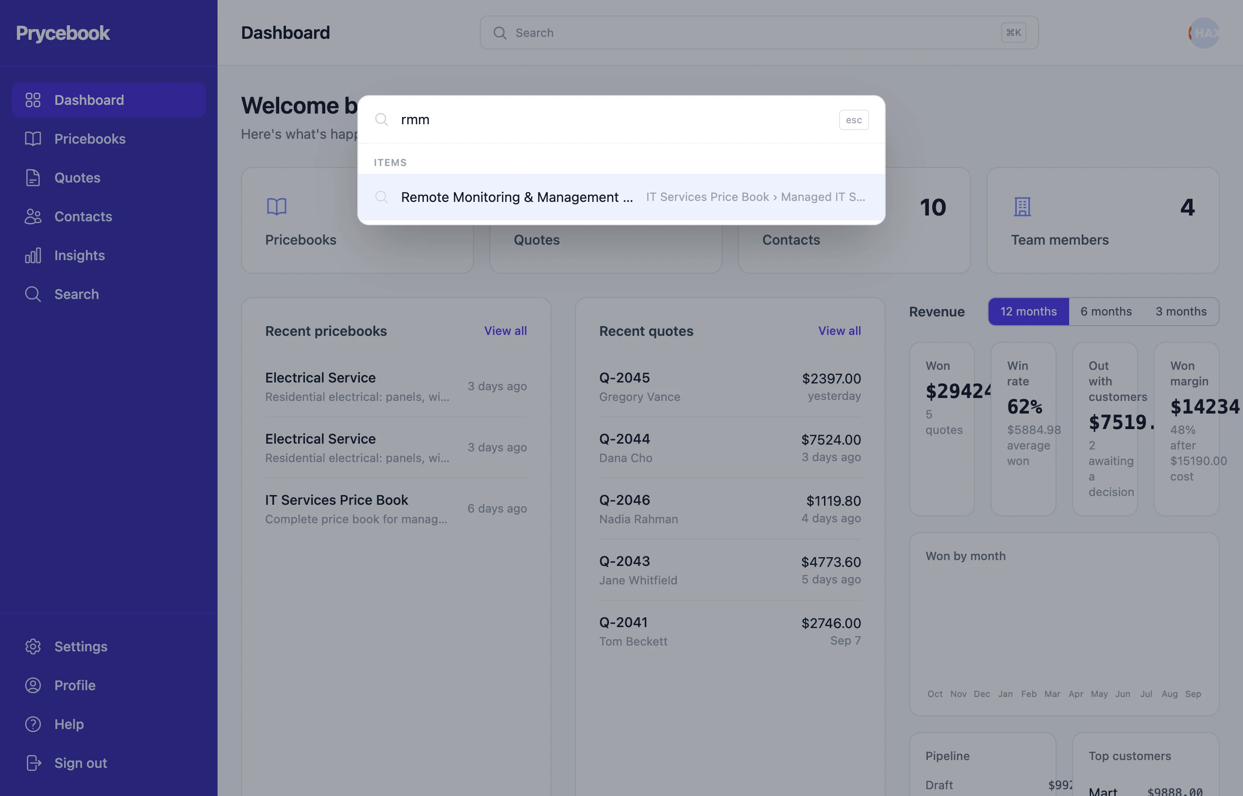 Quick find open over the dashboard, showing an item matching “rmm”