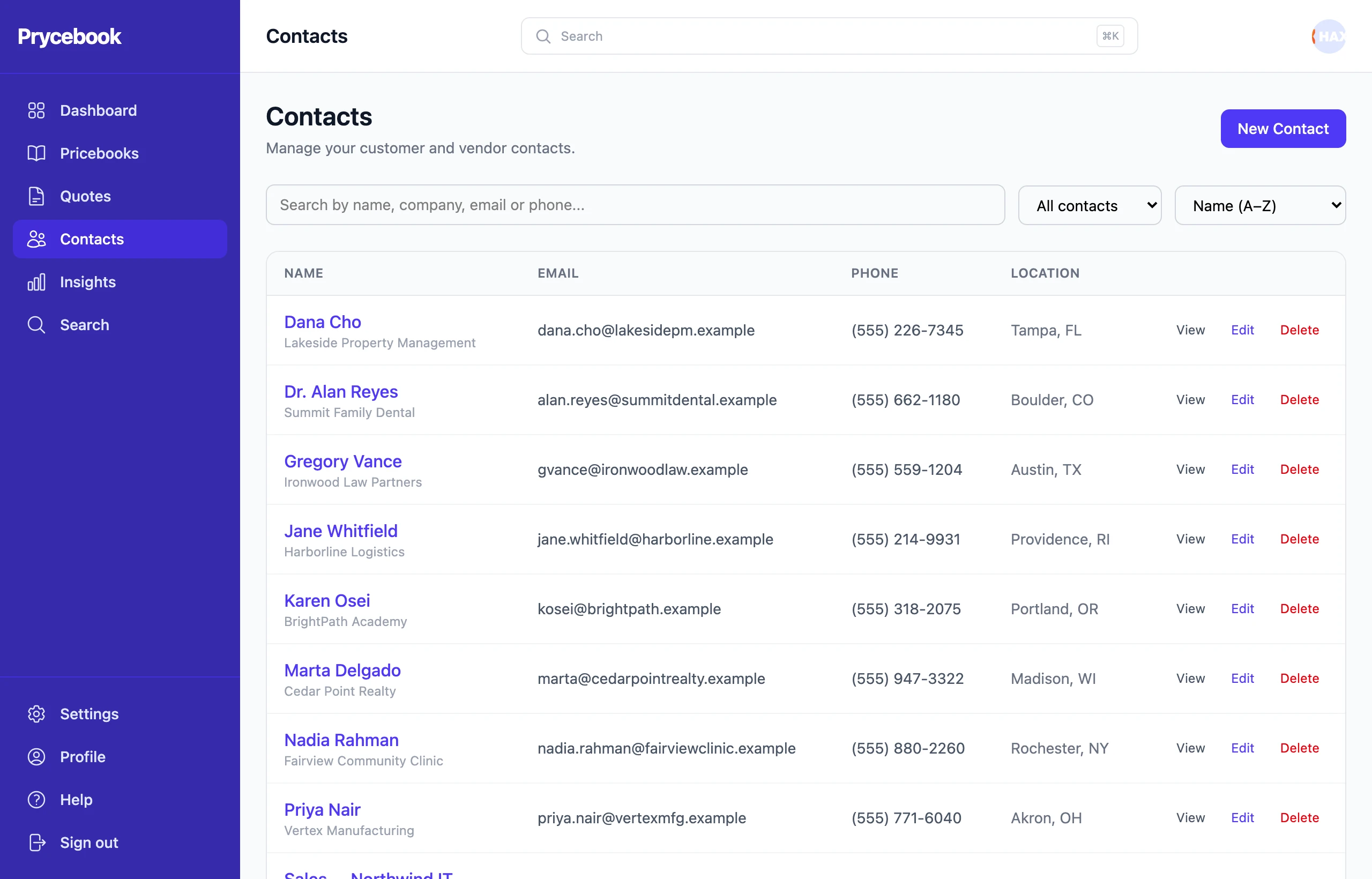The Contacts list with search, filter and sort controls