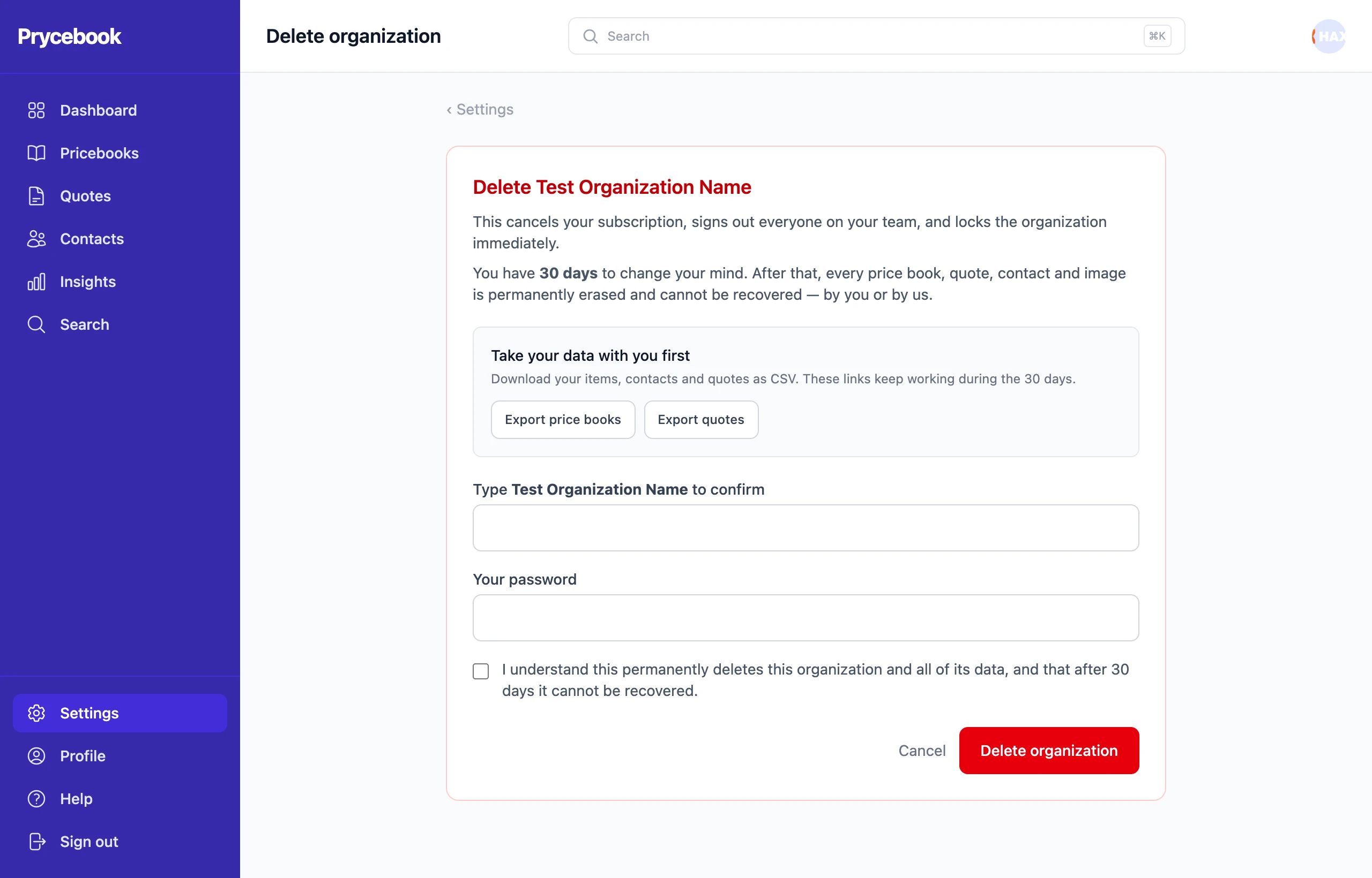 The Delete organization page, with export buttons and the confirmation form