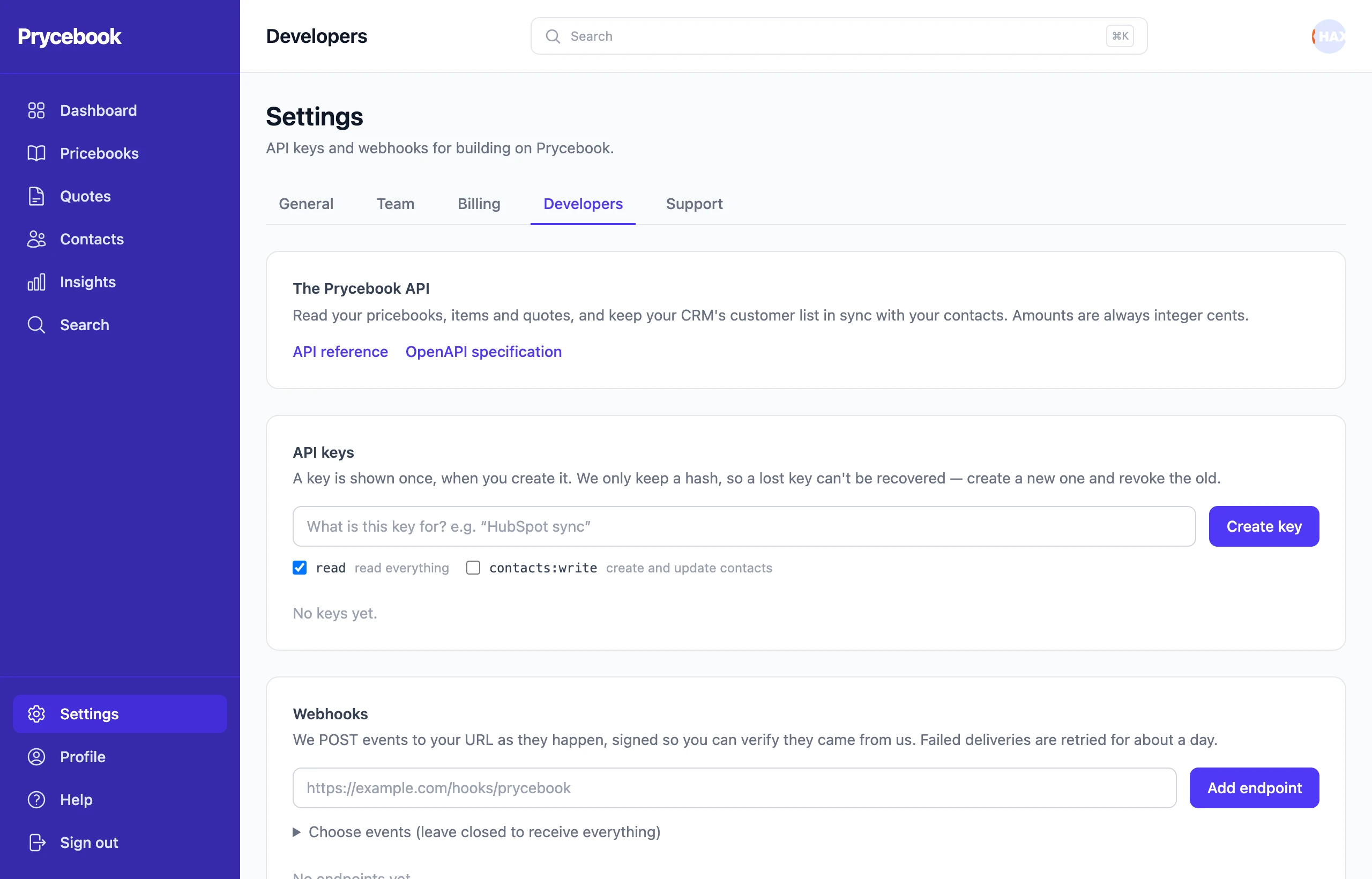 Settings → Developers, with the API keys and webhooks sections