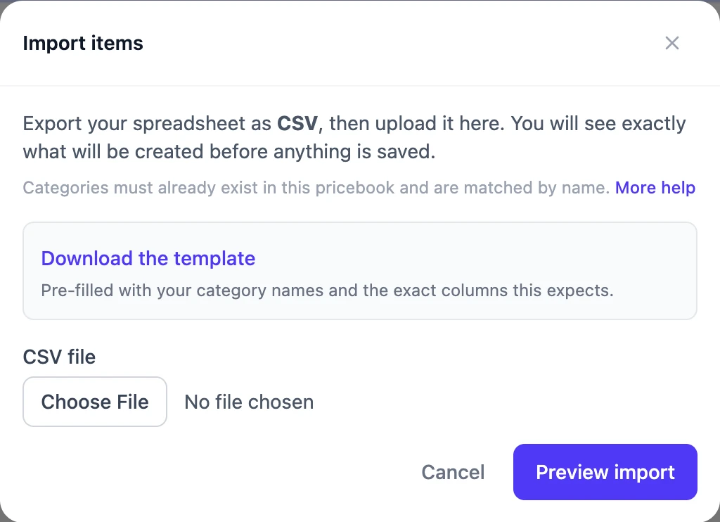 The Import items dialog, with the template download and file picker