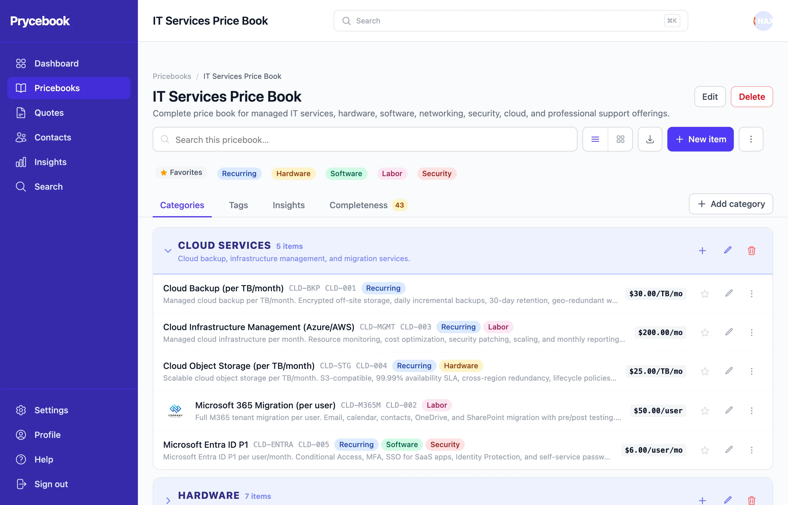 A pricebook with its tag filters, tabs, and an expanded category of items