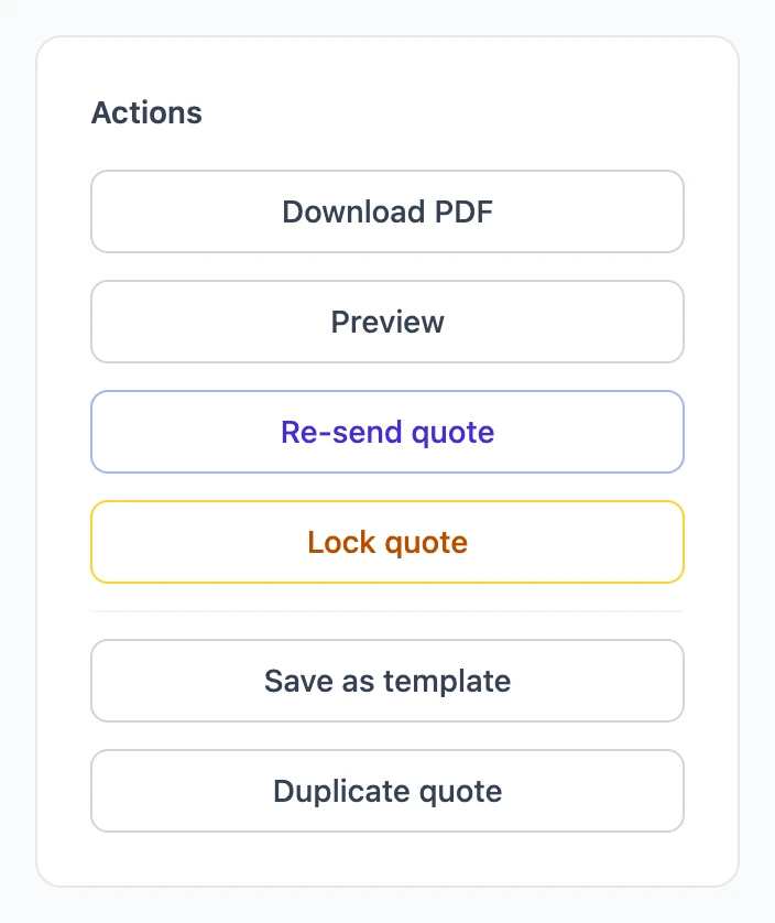 The Actions card with Download PDF, Preview, Re-send quote, Lock quote, Save as template and Duplicate quote