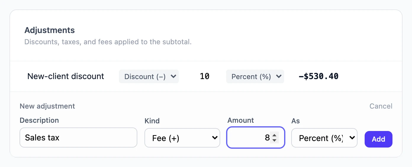 The Adjustments card with a 10% discount and a new 8% sales tax being added