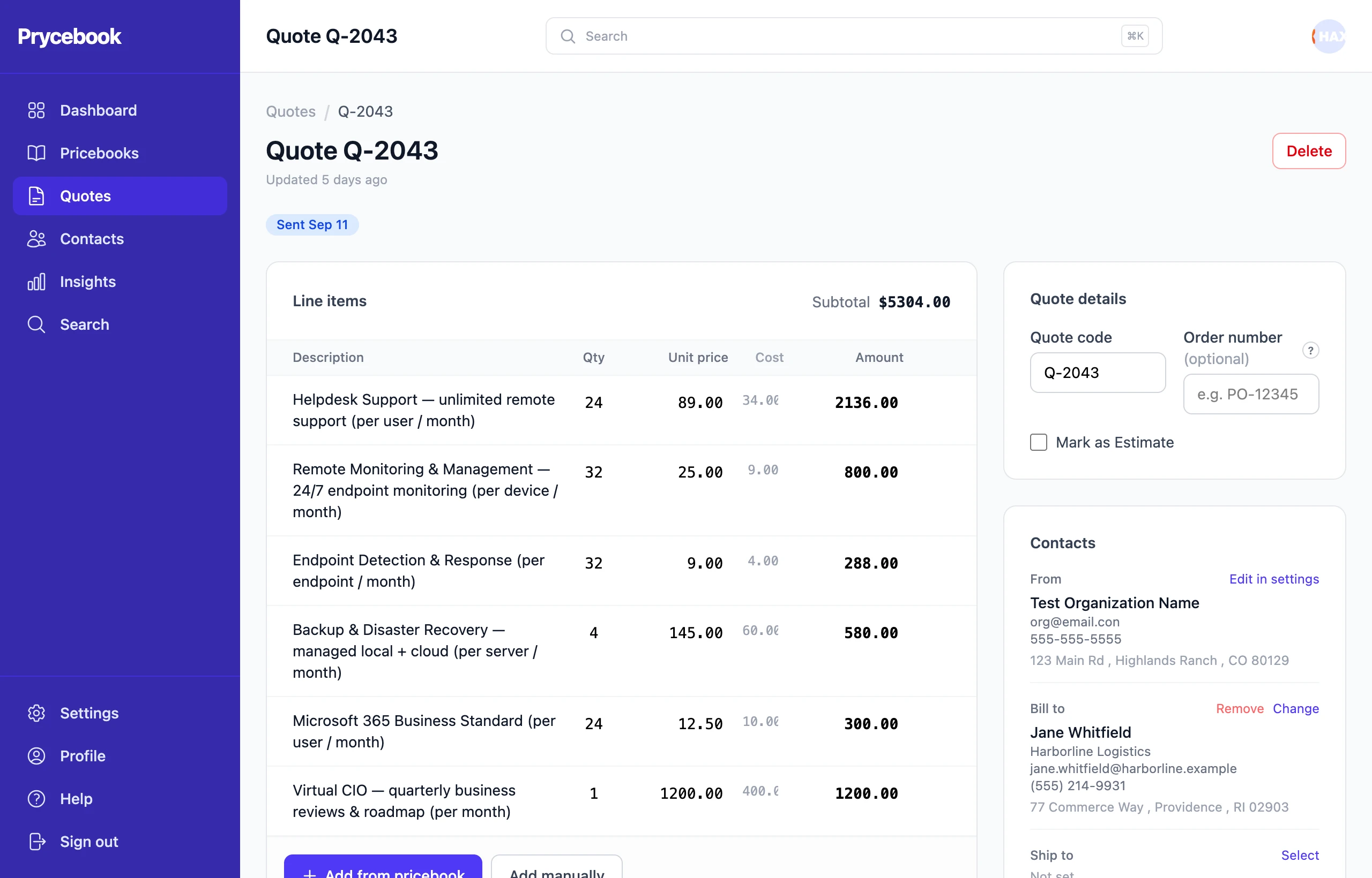 A quote open in the builder, with line items on the left and quote details and contacts on the right