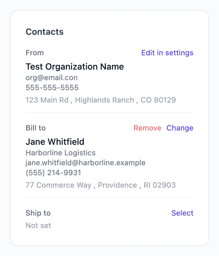 The Contacts card showing From, Bill to and Ship to