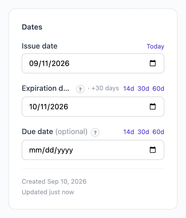 The Dates card with issue, expiration and due dates and the 14d, 30d and 60d shortcuts