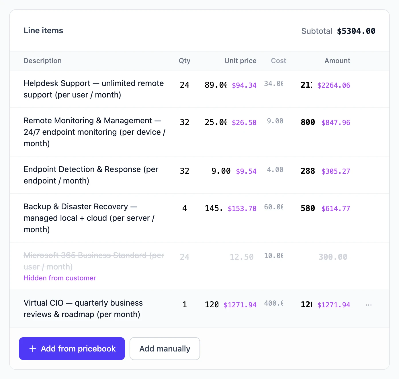 Line items with one line struck through and marked Hidden from customer, and the customer-facing amounts in purple