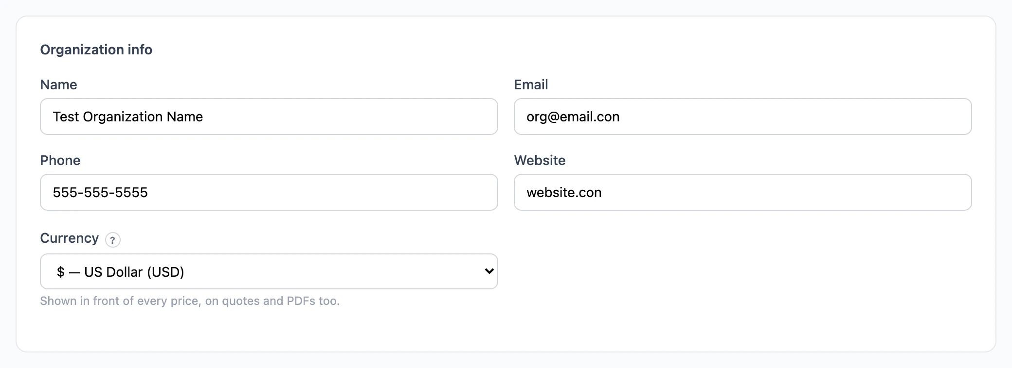 The Organization info card in Settings, with name, email, phone, website and currency fields