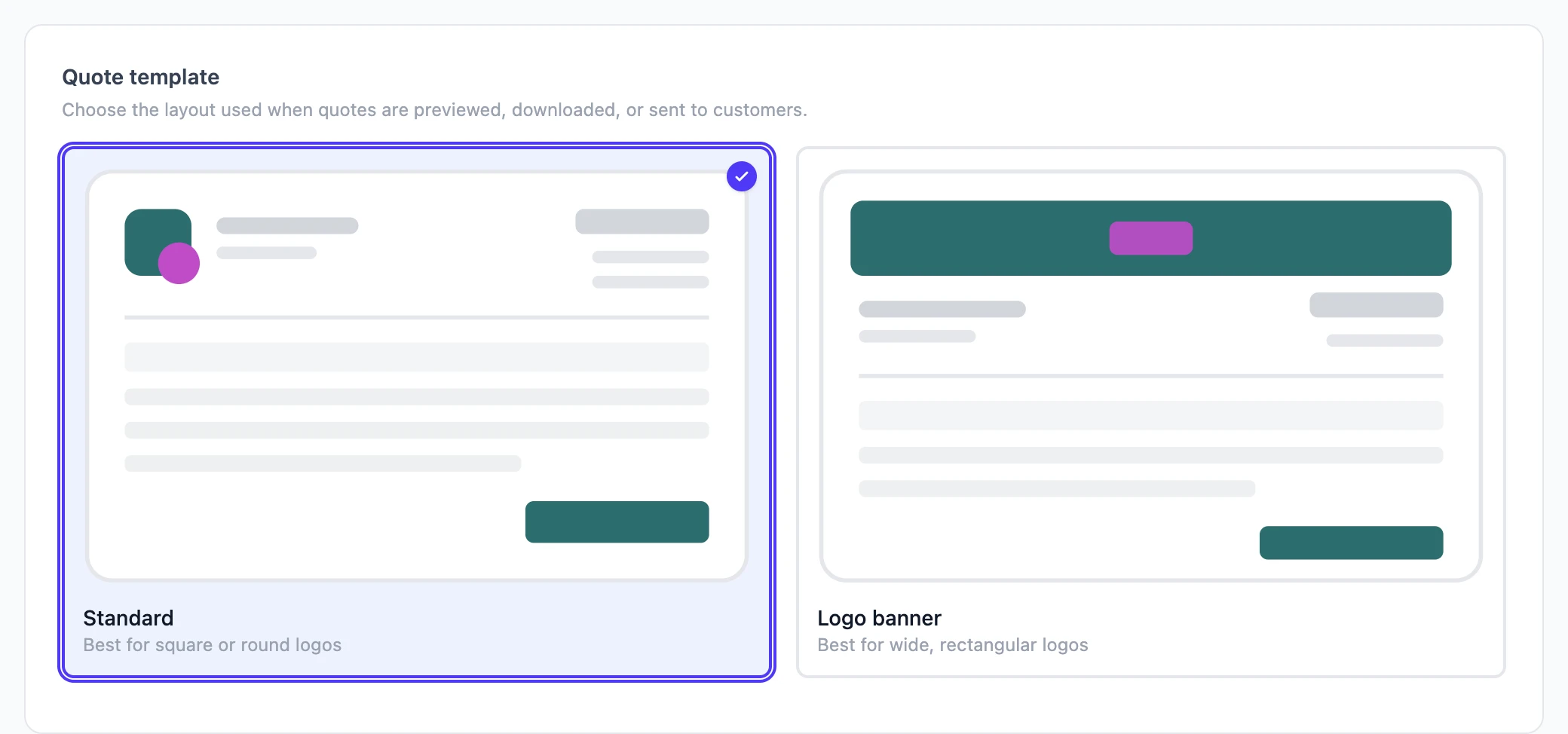 The Quote template setting with the Standard and Logo banner layouts
