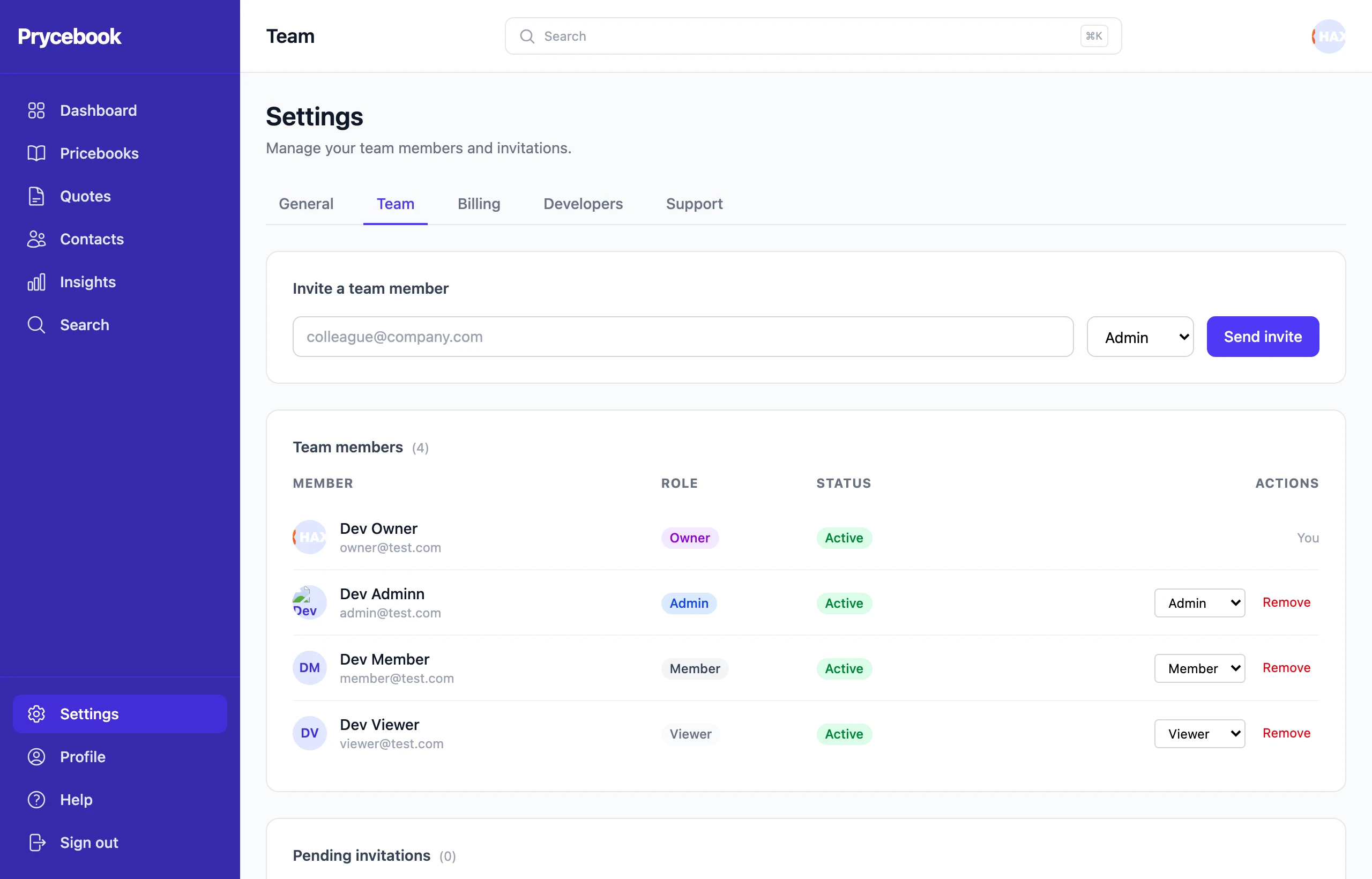 Settings → Team, with the invite form and the list of team members and their roles